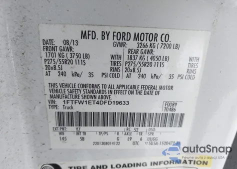 2013 Ford F-150 Fx4 из США, поврежденный, VIN 1FTFW1ET4DFD19633